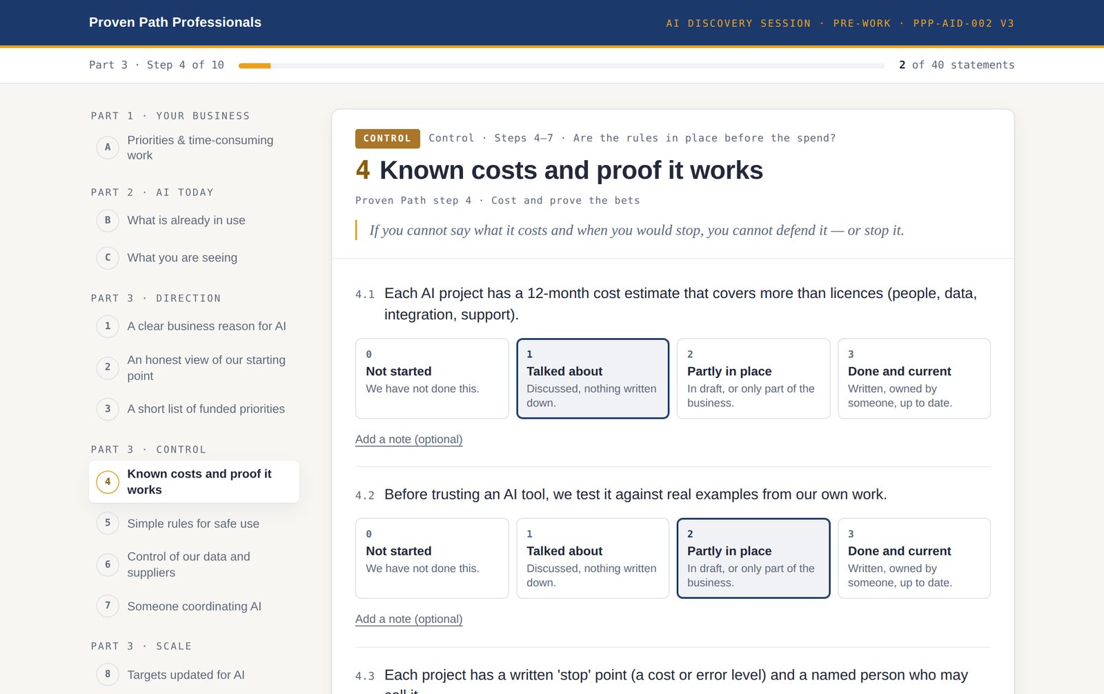 Part 3 of the questionnaire: readiness statements for 'Known costs and proof it works', each answered on a four-point scale.